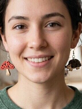 Handcrafted Wood Hedgehog & Mushroom Earrings NWT